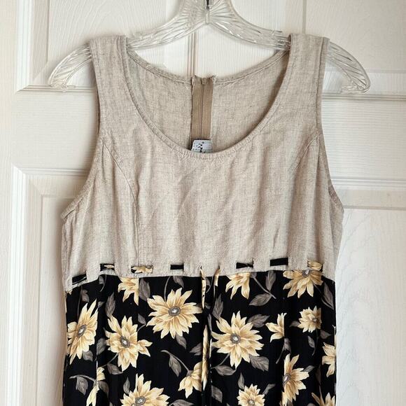 Vintage Sunflower Dress Sleeveless Tie Waist Belt Floral Summer Spring Size M - Picture 2 of 4